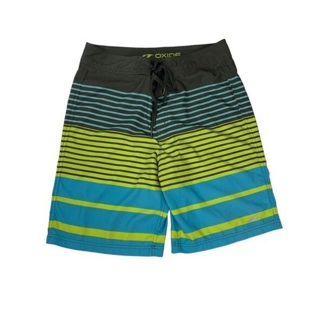Oxide Green Blue Yellow Striped Swim Trunks‎ Board Shorts Drawstring 32